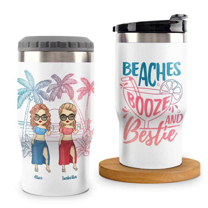 Beaches Booze & Besties - Personalized Can Cooler - Gift For Bestie