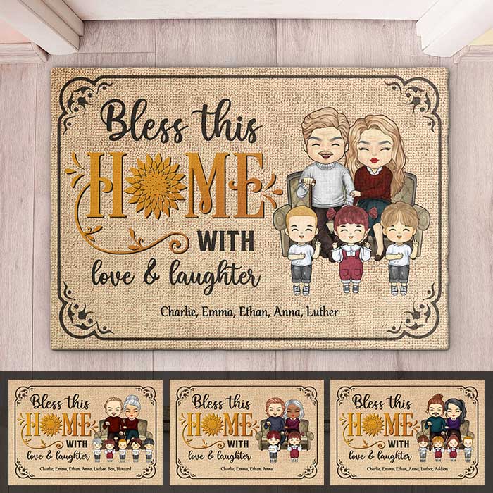 Bless This Home With Love & Laughter - Personalized Decorative Mat - Anniversary Gifts, Gift For Couples, Husband Wife