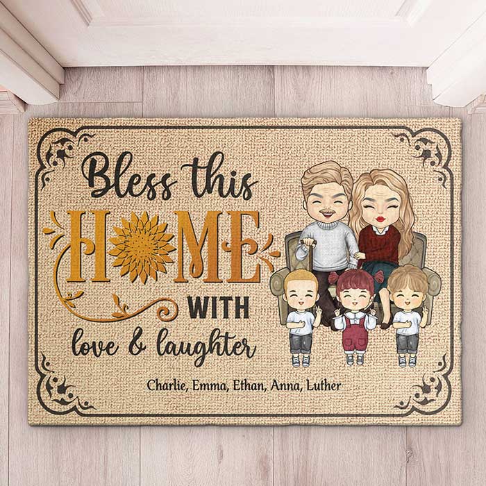 Bless This Home With Love & Laughter - Personalized Decorative Mat - Anniversary Gifts, Gift For Couples, Husband Wife