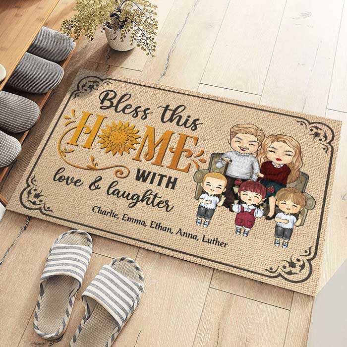 Bless This Home With Love & Laughter - Personalized Decorative Mat - Anniversary Gifts, Gift For Couples, Husband Wife