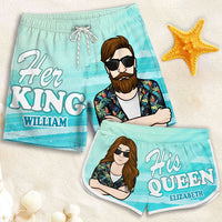 Thumbnail for Her King & His Queen - Personalized Couple Beach Shorts - Gift For Couples, Husband Wife