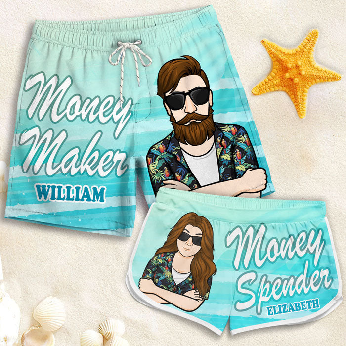 Money Maker Money Spender - Personalized Couple Beach Shorts - Gift For Couples, Husband Wife