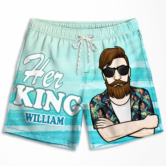 Her King & His Queen - Personalized Couple Beach Shorts - Gift For Couples, Husband Wife