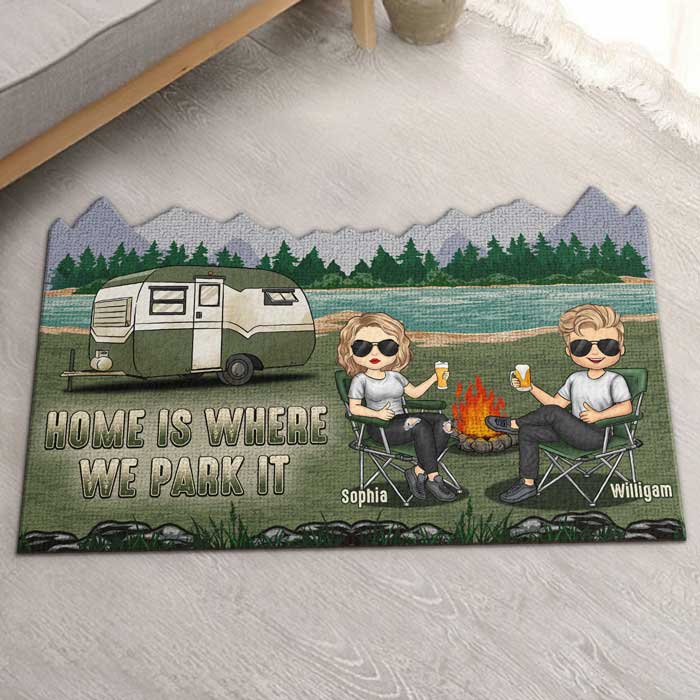 Home Is Where We Park It - Personalized Shaped Decorative Mat - Gift For Couples, Gift For Camping Lovers