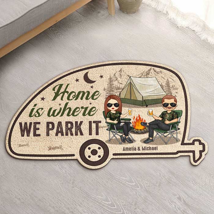 Home Is Where We Park It - Personalized Shaped Decorative Mat - Gift For Couples, Gift For Camping Lovers