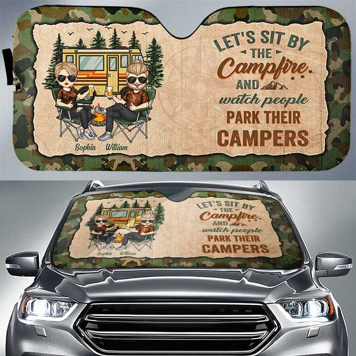 Let's Sit By The Campfire - Personalized Auto Sunshade - Gift For Couples, Camping Lovers