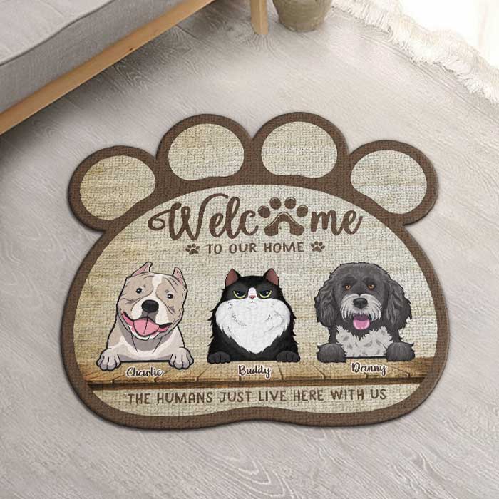 Humans Live Here With Us - Personalized Shaped Decorative Mat - Gift For Pet Lovers