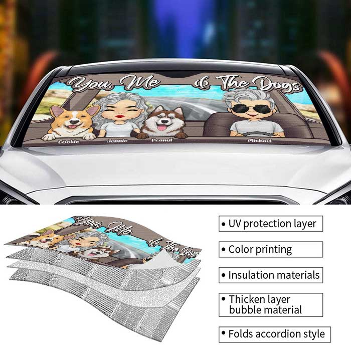 You, Me And Our Dogs - Personalized Auto Sunshade - Gift For Couples, Husband Wife