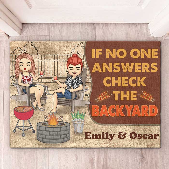 If No One Answers Check The Backyard - Personalized Decorative Mat - Gift For Couples, Husband Wife