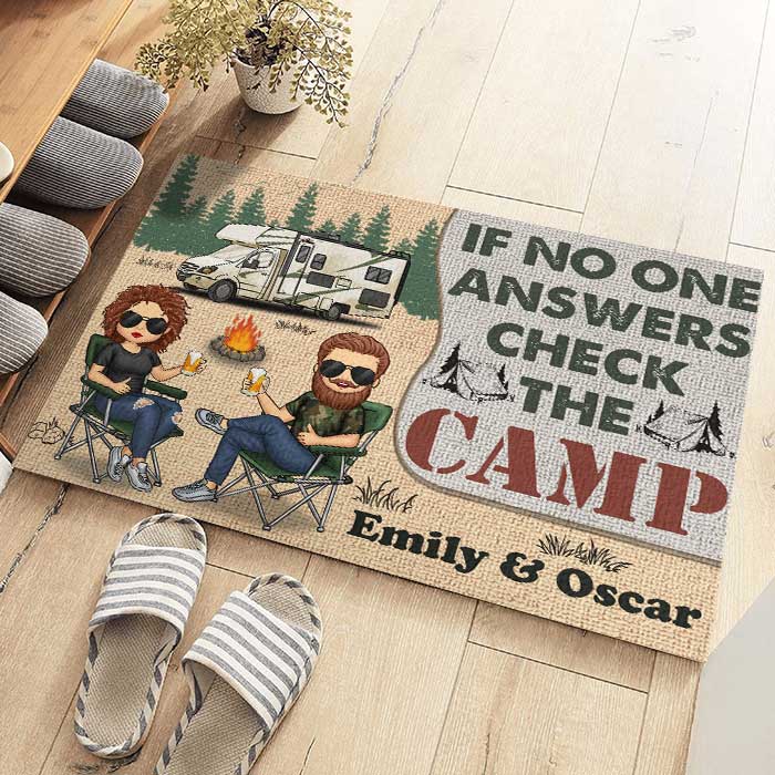 If No One Answers Check The Camp - Personalized Decorative Mat - Gift For Couple, Gift For Camping Lovers