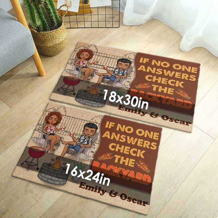 If No One Answers Check The Backyard - Personalized Decorative Mat - Gift For Couples, Husband Wife