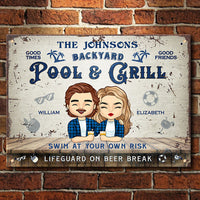 Thumbnail for Backyard Pool & Grill - Swim At Your Own Risk, & Lifeguard On Beer Break - Gift For Couples, Husband Wife, Personalized Metal Sign