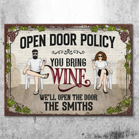 Thumbnail for Open Door Policy You Bring Wine - Personalized Metal Sign - Gift For Couples, Husband Wife