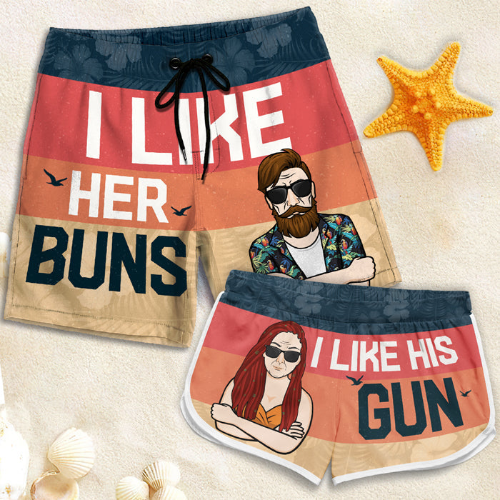 I Like Her Buns - Personalized Couple Beach Shorts - Gift For Couples, Husband Wife