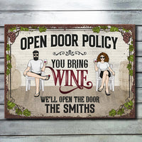 Thumbnail for Open Door Policy You Bring Wine - Personalized Metal Sign - Gift For Couples, Husband Wife