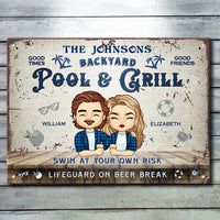 Thumbnail for Backyard Pool & Grill - Swim At Your Own Risk, & Lifeguard On Beer Break - Gift For Couples, Husband Wife, Personalized Metal Sign