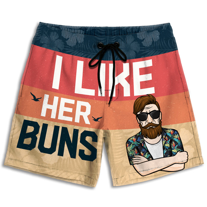 I Like Her Buns - Personalized Couple Beach Shorts - Gift For Couples, Husband Wife