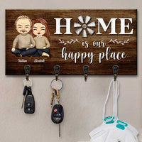 Thumbnail for Home Is Our Happy Place - Personalized Key Hanger, Key Holder - Gift For Couples, Husband Wife