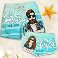 Thumbnail for Hubby And Wifey - Personalized Couple Beach Shorts - Gift For Couples, Husband Wife