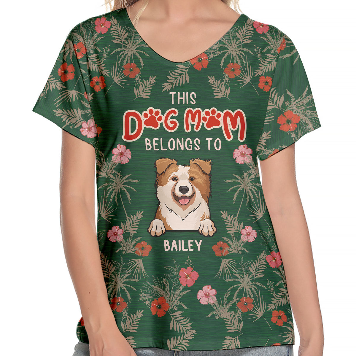 This Dog Mom Belongs To - Personalized V-Neck T-Shirt - Gift For Pet Lovers