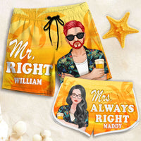 Thumbnail for Mr. Right & Mrs. Always Right - Personalized Couple Beach Shorts - Gift For Couples, Husband Wife