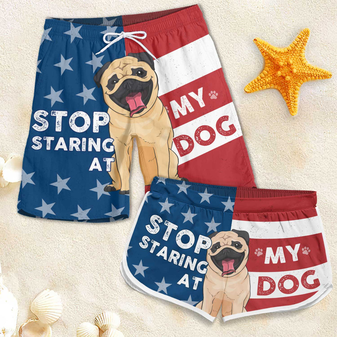 Stop Staring At My Dog - Personalized Couple Beach Shorts - Gift For Pet Lovers