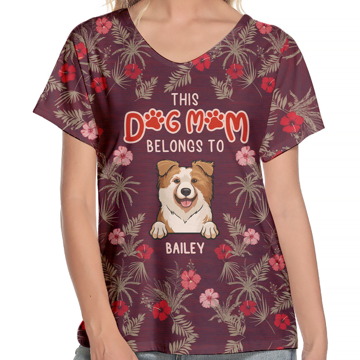 This Dog Mom Belongs To - Personalized V-Neck T-Shirt - Gift For Pet Lovers