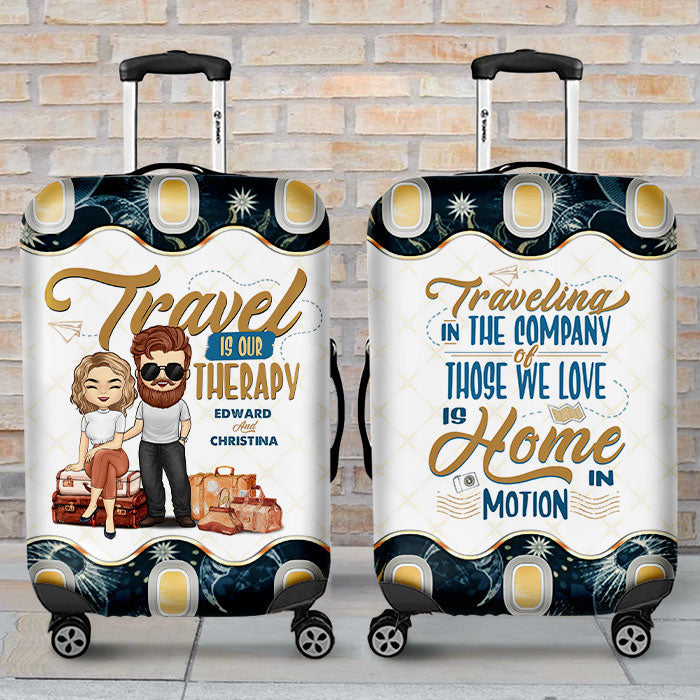 Our Therapy Is Travel - Personalized Luggage Cover - Gift For Couples, Husband Wife