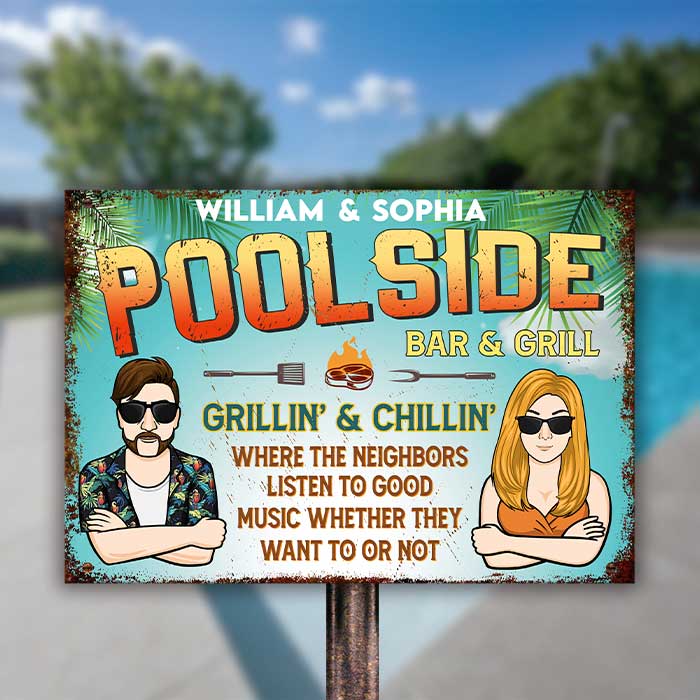 Couple Poolside Bar & Grill - Personalized Metal Sign - Gift For Couples, Husband Wife