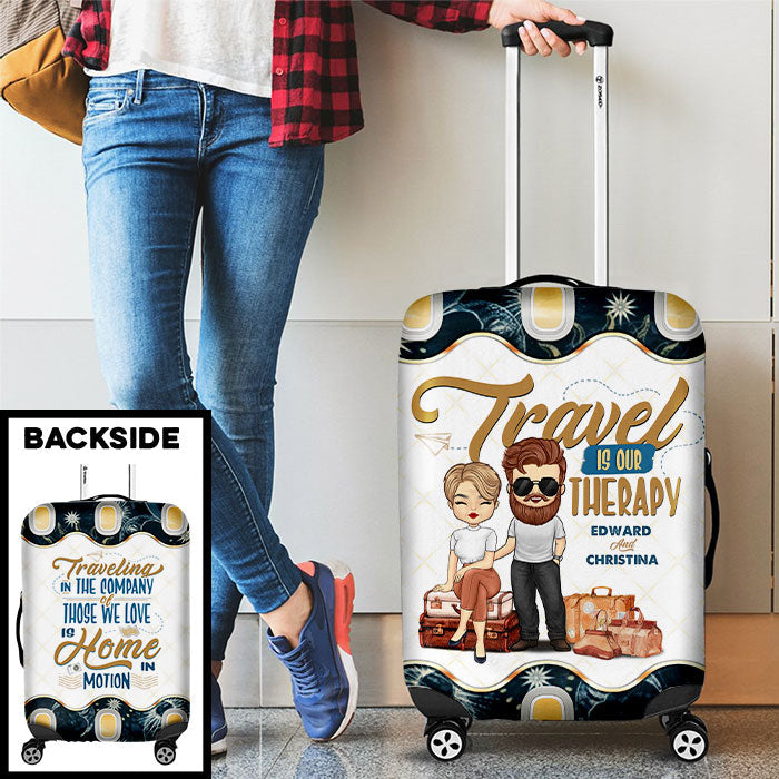 Our Therapy Is Travel - Personalized Luggage Cover - Gift For Couples, Husband Wife