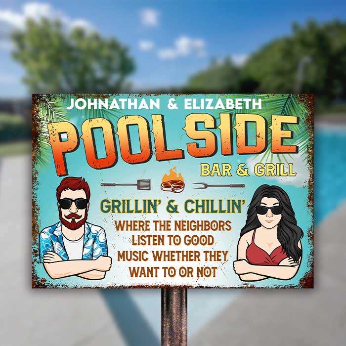 Couple Poolside Bar & Grill - Personalized Metal Sign - Gift For Couples, Husband Wife