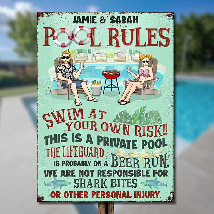 Family Private Pool Rules - Personalized Metal Sign - Gift For Couples, Husband Wife