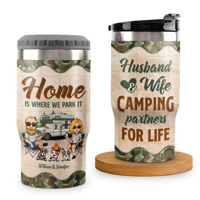 Home Is Where We Park It - Personalized Can Cooler - Gift For Couples, Gift For Camping Lovers