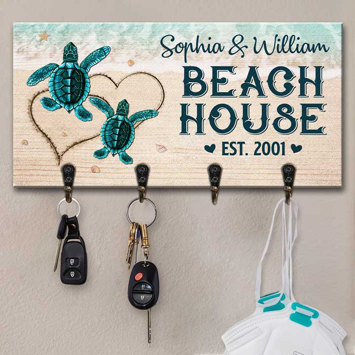 Turtles On The Beach - Personalized Key Hanger, Key Holder - Gift For Couples, Husband Wife