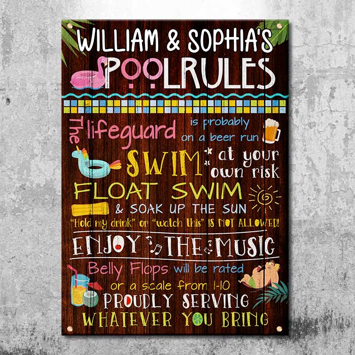 Family Pool Rules - Personalized Metal Sign - Gift For Couples, Husband Wife