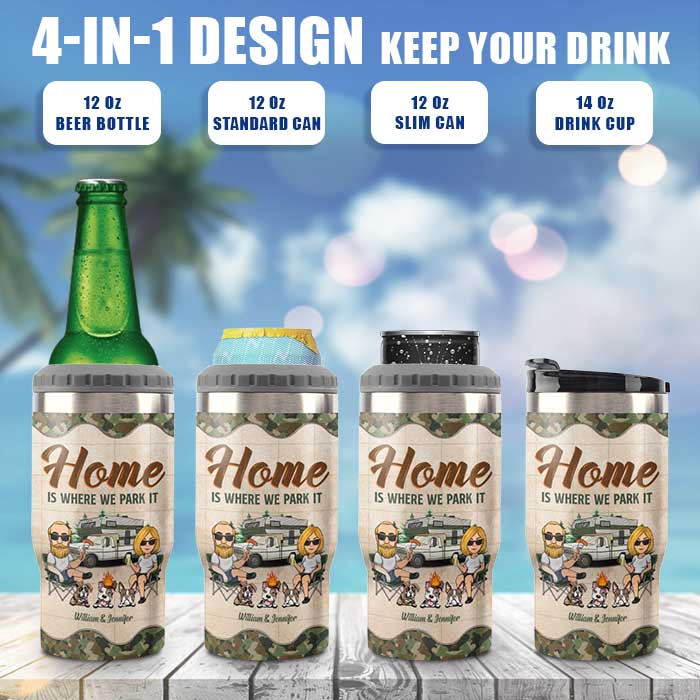 Home Is Where We Park It - Personalized Can Cooler - Gift For Couples, Gift For Camping Lovers