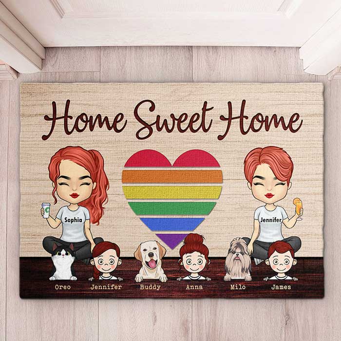 Our Home Sweet Home With Kids & Pets - Personalized Decorative Mat - Gift For Couples, Gift For Pet Lovers