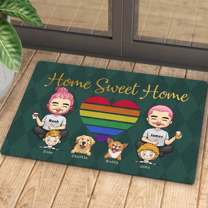 Our Home Sweet Home With Kids & Pets - Personalized Decorative Mat - Gift For Couples, Gift For Pet Lovers