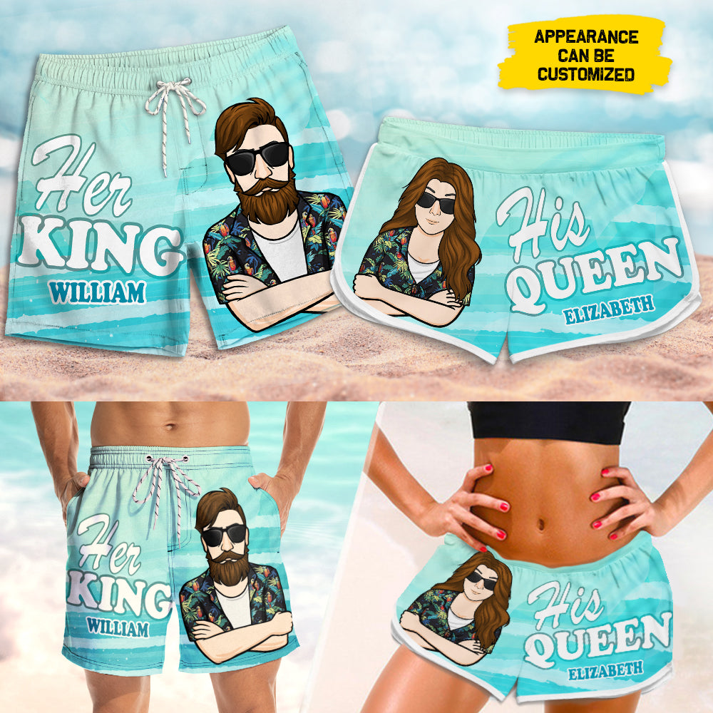 Her King & His Queen - Personalized Couple Beach Shorts - Gift For Couples, Husband Wife