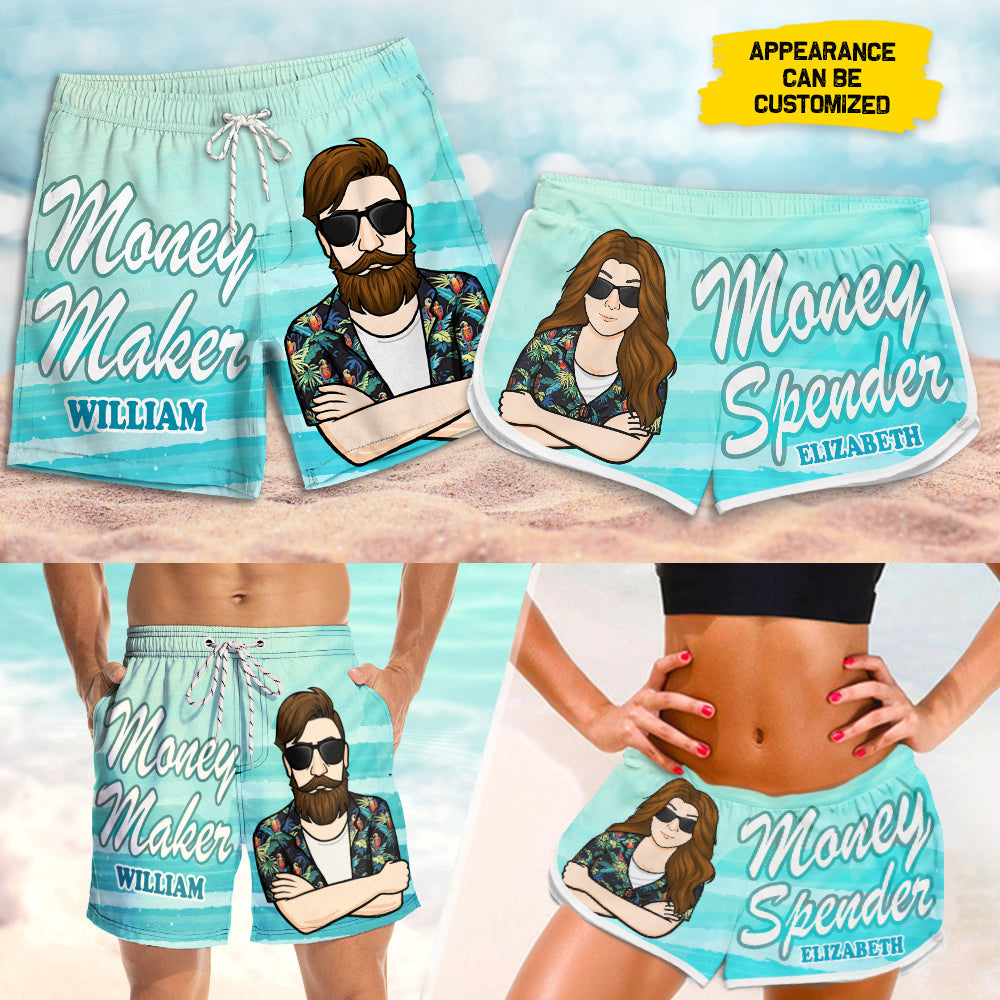 Money Maker Money Spender - Personalized Couple Beach Shorts - Gift For Couples, Husband Wife