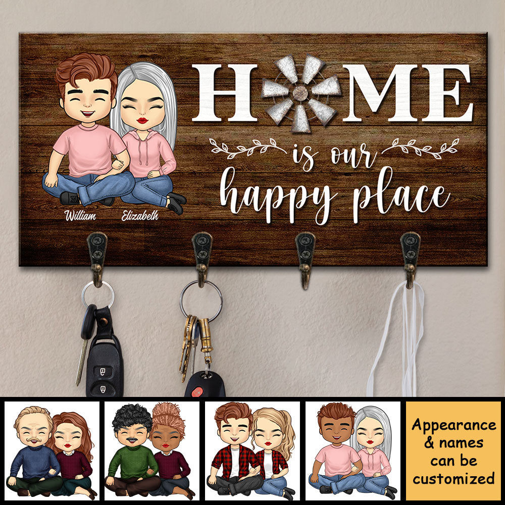 Home Is Our Happy Place - Personalized Key Hanger, Key Holder - Gift For Couples, Husband Wife