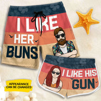 Thumbnail for I Like Her Buns - Personalized Couple Beach Shorts - Gift For Couples, Husband Wife