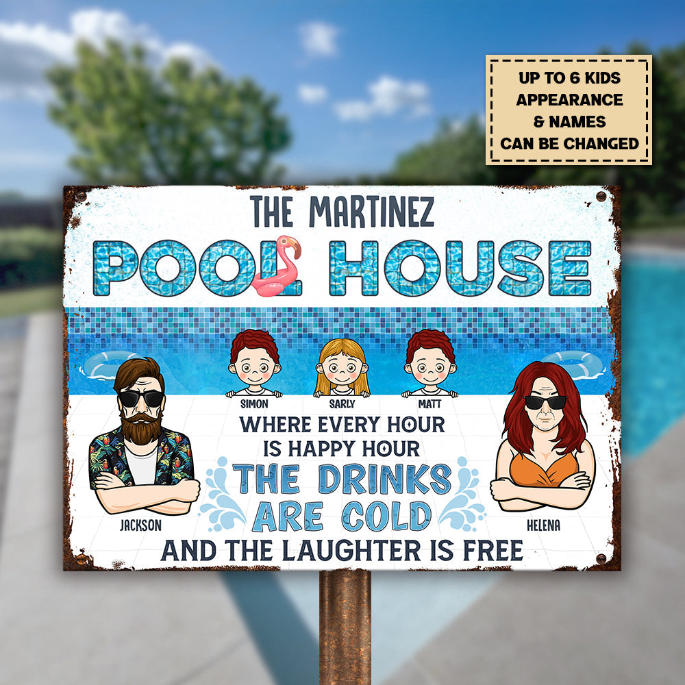 Family Pool House The Laughter Is Free - Personalized Metal Sign - Gift For Couples, Husband Wife