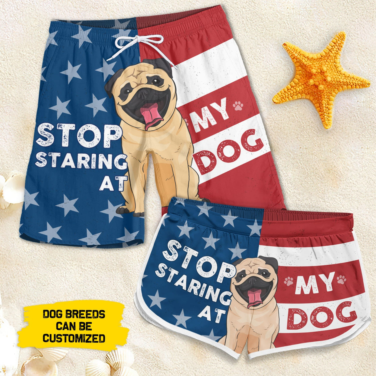 Stop Staring At My Dog - Personalized Couple Beach Shorts - Gift For Pet Lovers