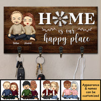 Thumbnail for Home Is Our Happy Place - Personalized Key Hanger, Key Holder - Gift For Couples, Husband Wife