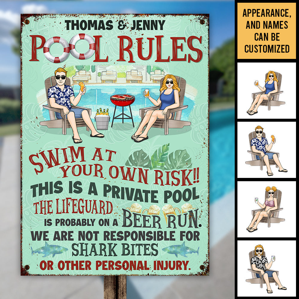 Family Private Pool Rules - Personalized Metal Sign - Gift For Couples, Husband Wife