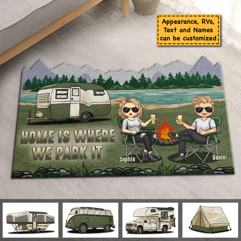 Home Is Where We Park It - Personalized Shaped Decorative Mat - Gift For Couples, Gift For Camping Lovers